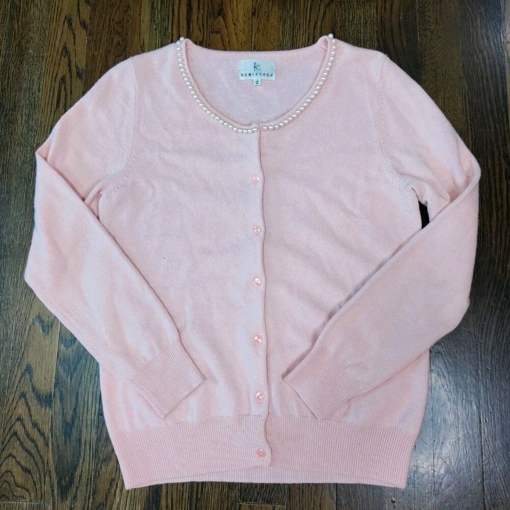 Kumikyoku Cardigan Sweater Women's 2-Small Pink Pearl Trim Neckline Button Up